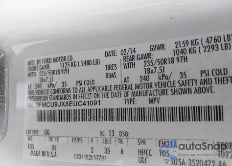 2014 Ford Escape Titanium z USA, uszkodzony, nr VIN 1FMCU9JX8EUC41091